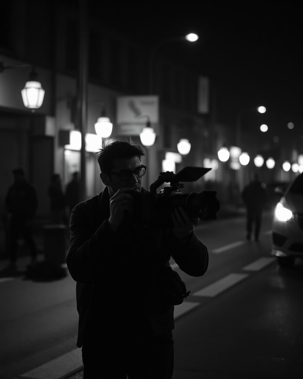 A journalist with camera on a city street at night