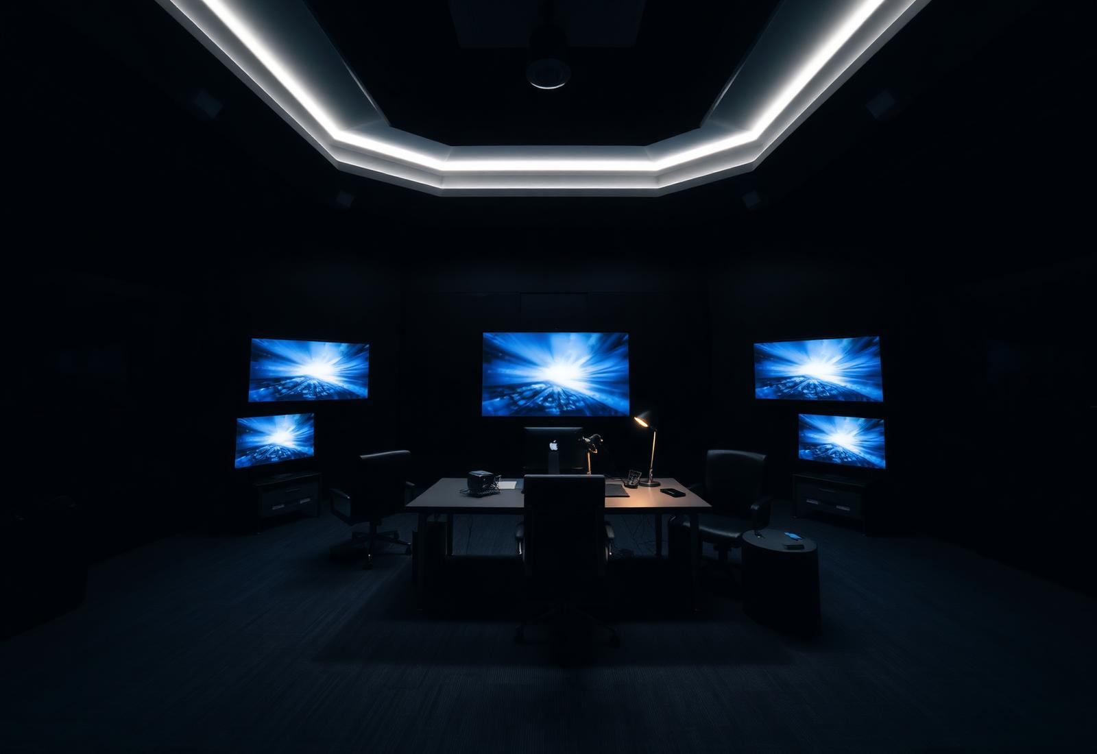 A modern newsroom at night